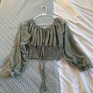 Romwe Green Floral Long Sleeve Blouse